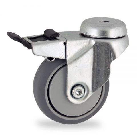 Zinc plated total lock caster 50mm for light trolleys,wheel made of grey rubber,precision bearing.Hollow rivet
