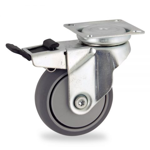Zinc plated total lock caster 50mm for light trolleys,wheel made of grey rubber,precision bearing.Top plate fitting