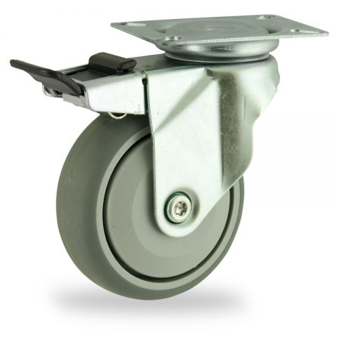 Zinc plated total lock caster 125mm for light trolleys,wheel made of grey rubber,single precision ball bearing.Top plate fitting