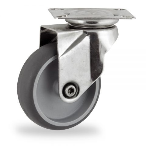 Stainless swivel caster 100mm for light trolleys,wheel made of grey rubber,plain bearing.Top plate fitting