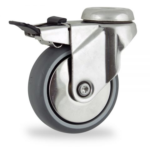 Stainless total lock caster 150mm for light trolleys,wheel made of grey rubber,plain bearing.Hollow rivet