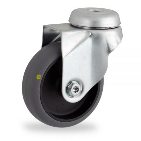 Zinc plated swivel caster 75mm for light trolleys,wheel made of electric conductive grey rubber,plain bearing.Hollow rivet