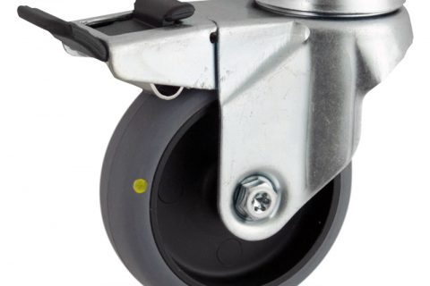 Zinc plated total lock caster 75mm for light trolleys,wheel made of electric conductive grey rubber,double ball bearings.Hollow rivet