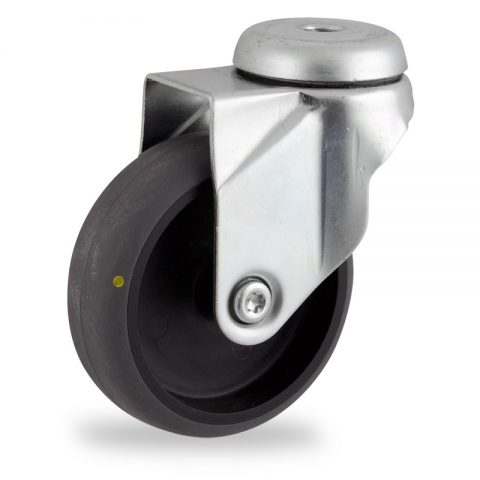 Zinc plated swivel caster 100mm for light trolleys,wheel made of electric conductive grey rubber,plain bearing.Hollow rivet