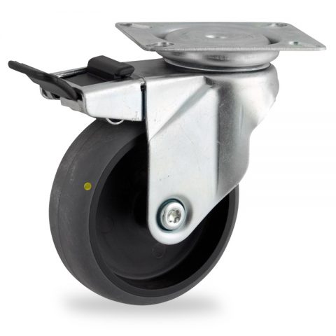 Zinc plated total lock caster 100mm for light trolleys,wheel made of electric conductive grey rubber,plain bearing.Top plate fitting