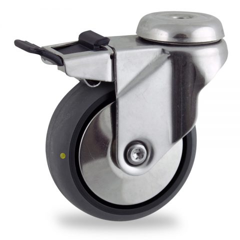 Stainless total lock caster 100mm for light trolleys,wheel made of electric conductive grey rubber,plain bearing.Hollow rivet