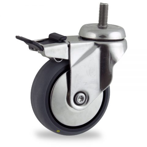Stainless total lock caster 125mm for light trolleys,wheel made of electric conductive grey rubber,double ball bearings.Threaded stem fitting