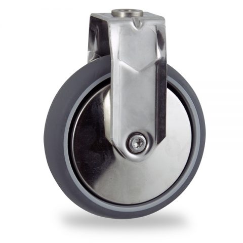 Stainless fixed caster 125mm for light trolleys,wheel made of grey rubber,plain bearing.Hollow rivet
