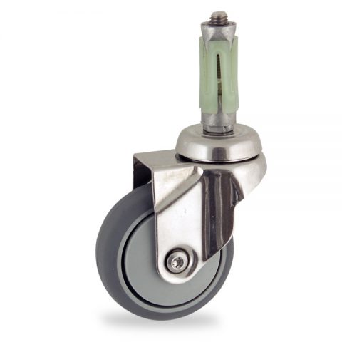 Stainless swivel caster 75mm for light trolleys,wheel made of grey rubber,plain bearing.Fitting with round expander socket 19/23