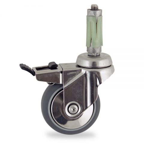 Stainless total lock caster 75mm for light trolleys,wheel made of grey rubber,double ball bearings.Fitting with round expander socket 23/26