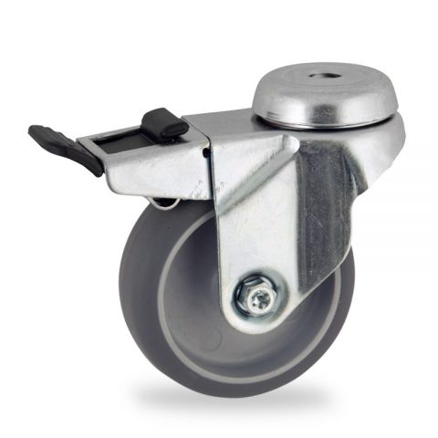 Zinc plated total lock caster 100mm for light trolleys,wheel made of grey rubber,plain bearing.Hollow rivet