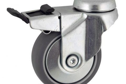 Zinc plated total lock caster 100mm for light trolleys,wheel made of grey rubber,double ball bearings.Hollow rivet