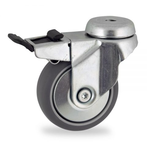 Zinc plated total lock caster 125mm for light trolleys,wheel made of grey rubber,plain bearing.Hollow rivet