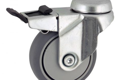 Zinc plated total lock caster 75mm for light trolleys,wheel made of grey rubber,plain bearing.Hollow rivet