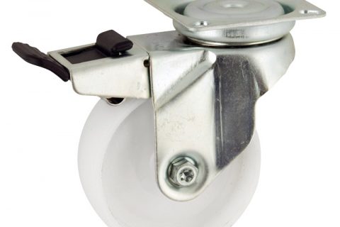 Zinc plated total lock caster 125mm for light trolleys,wheel made of polyamide,plain bearing.Top plate fitting