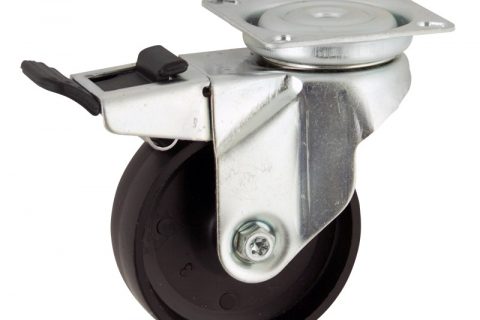 Zinc plated total lock caster 50mm for light trolleys,wheel made of polypropylene,plain bearing.Top plate fitting