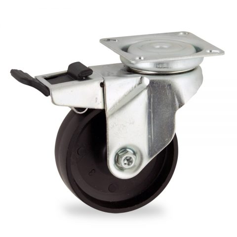 Zinc plated total lock caster 100mm for light trolleys,wheel made of polypropylene,plain bearing.Top plate fitting