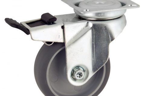 Zinc plated total lock caster 50mm for light trolleys,wheel made of grey rubber,plain bearing.Top plate fitting