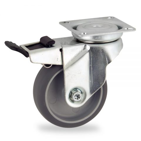 Zinc plated total lock caster 50mm for light trolleys,wheel made of grey rubber,plain bearing.Top plate fitting