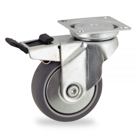 Zinc plated total lock caster 100mm for light trolleys,wheel made of grey rubber,double ball bearings.Top plate fitting