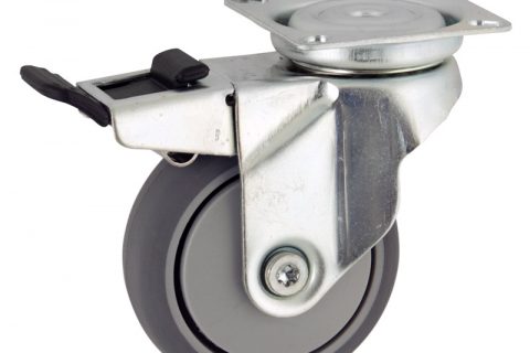 Zinc plated total lock caster 50mm for light trolleys,wheel made of grey rubber,precision bearing.Top plate fitting