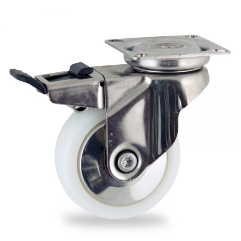 Stainless total lock caster 75mm for light trolleys,wheel made of polyamide,plain bearing.Top plate fitting