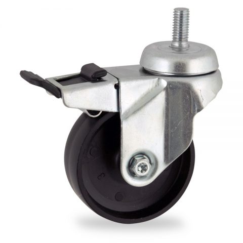 Zinc plated total lock caster 75mm for light trolleys,wheel made of polypropylene,plain bearing.Threaded stem fitting