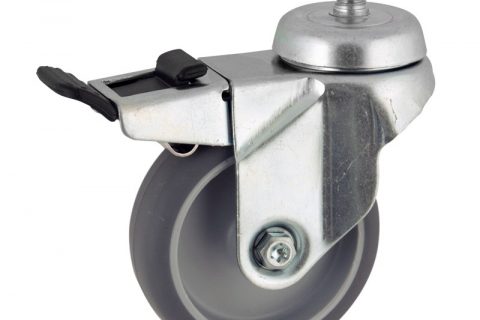 Zinc plated total lock caster 100mm for light trolleys,wheel made of grey rubber,plain bearing.Threaded stem fitting