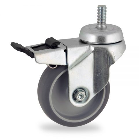 Zinc plated total lock caster 50mm for light trolleys,wheel made of grey rubber,plain bearing.Threaded stem fitting