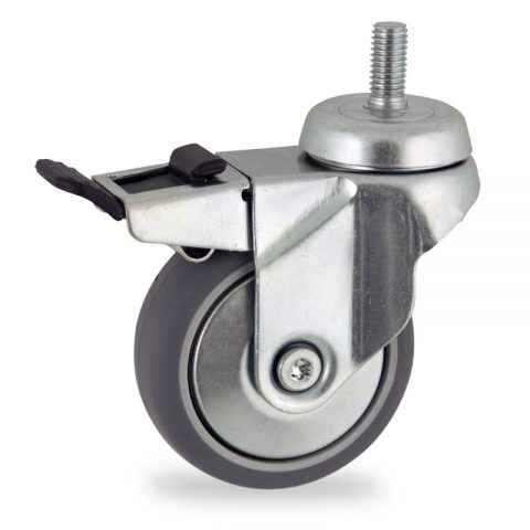 Zinc plated total lock caster 50mm for light trolleys,wheel made of grey rubber,plain bearing.Threaded stem fitting