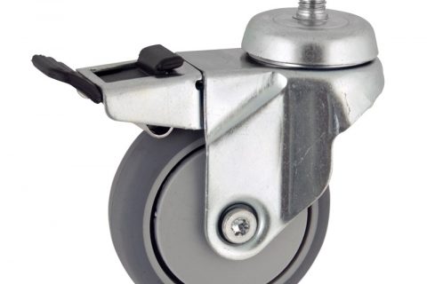 Zinc plated total lock caster 50mm for light trolleys,wheel made of grey rubber,precision bearing.Threaded stem fitting
