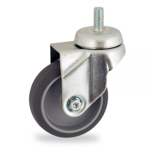 Zinc plated swivel caster 75mm for light trolleys,wheel made of grey rubber,double ball bearings.Threaded stem fitting