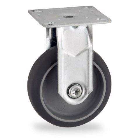 Zinc plated fixed caster 50mm for light trolleys,wheel made of grey rubber,plain bearing.Top plate fitting