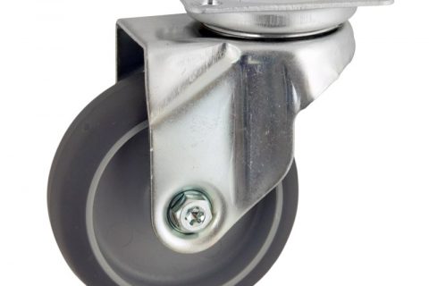 Zinc plated swivel caster 100mm for light trolleys,wheel made of grey rubber,double ball bearings.Top plate fitting