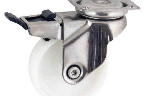 Stainless total lock caster 125mm for light trolleys,wheel made of polyamide,plain bearing.Top plate fitting