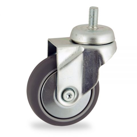 Zinc plated swivel caster 100mm for light trolleys,wheel made of grey rubber,double ball bearings.Threaded stem fitting