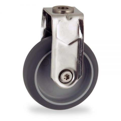 Stainless fixed caster 100mm for light trolleys,wheel made of grey rubber,double ball bearings.Hollow rivet