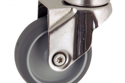 Stainless swivel caster 100mm for light trolleys,wheel made of grey rubber,plain bearing.Hollow rivet