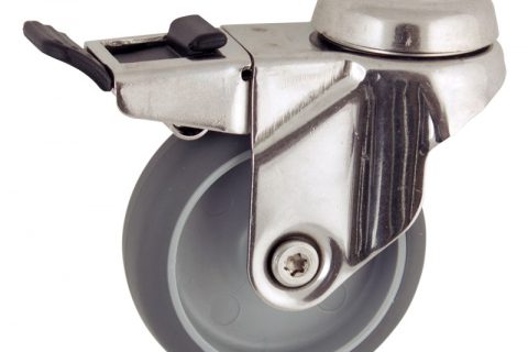Stainless total lock caster 100mm for light trolleys,wheel made of grey rubber,plain bearing.Hollow rivet