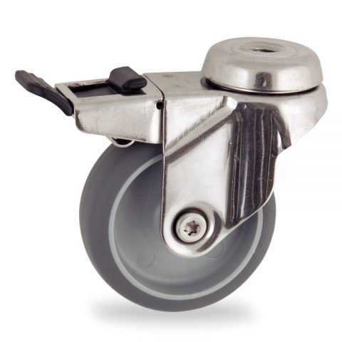 Stainless total lock caster 50mm for light trolleys,wheel made of grey rubber,plain bearing.Hollow rivet