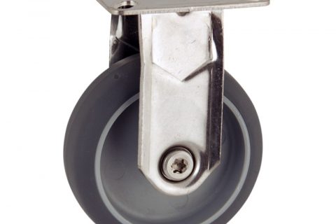Stainless fixed caster 50mm for light trolleys,wheel made of grey rubber,plain bearing.Top plate fitting