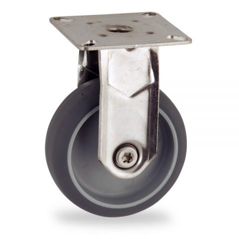Stainless fixed caster 50mm for light trolleys,wheel made of grey rubber,double ball bearings.Top plate fitting