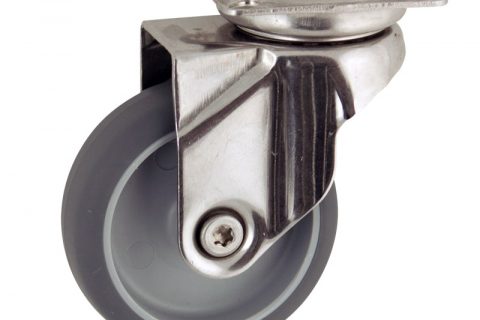 Stainless swivel caster 75mm for light trolleys,wheel made of grey rubber,plain bearing.Top plate fitting