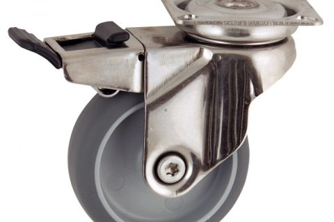 Stainless total lock caster 75mm for light trolleys,wheel made of grey rubber,plain bearing.Top plate fitting