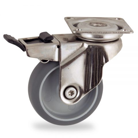 Stainless total lock caster 100mm for light trolleys,wheel made of grey rubber,plain bearing.Top plate fitting