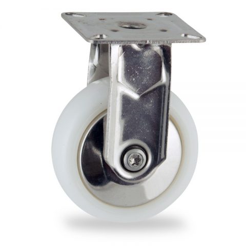Stainless fixed caster 75mm for light trolleys,wheel made of polyamide,plain bearing.Top plate fitting