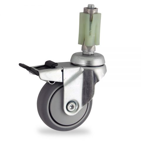 Zinc plated total lock caster 75mm for light trolleys,wheel made of grey rubber,plain bearing.Fitting with square expander socket 21/24