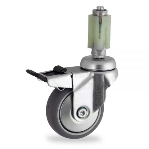 Zinc plated total lock caster 50mm for light trolleys,wheel made of grey rubber,double ball bearings.Fitting with square expander socket 27/31