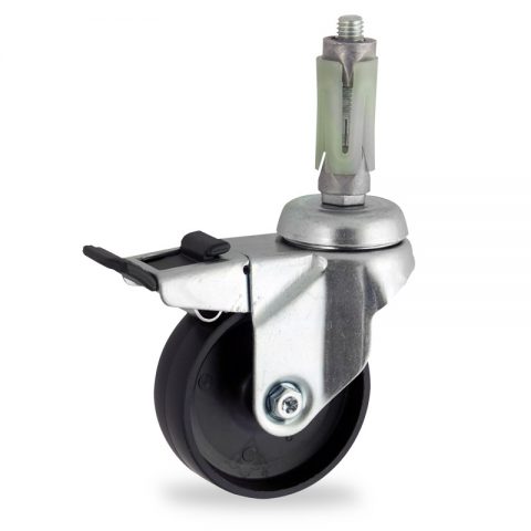 Zinc plated total lock caster 100mm for light trolleys,wheel made of polypropylene,plain bearing.Fitting with round expander socket 26/30