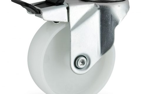 Zinc plated total lock caster 150mm for light trolleys,wheel made of polyamide,plain bearing.Hollow rivet